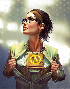 Half-Life, Half-Life 2, Half-Life 3, Half-Life: Alyx, women, Alyx Vance, fan art, 2D, digital art, short hair women with glasses, open jacket, ผมสีดำ, ชุดเกราะแฟนตาซี, วอลล์เปเปอร์ HD HD wallpaper