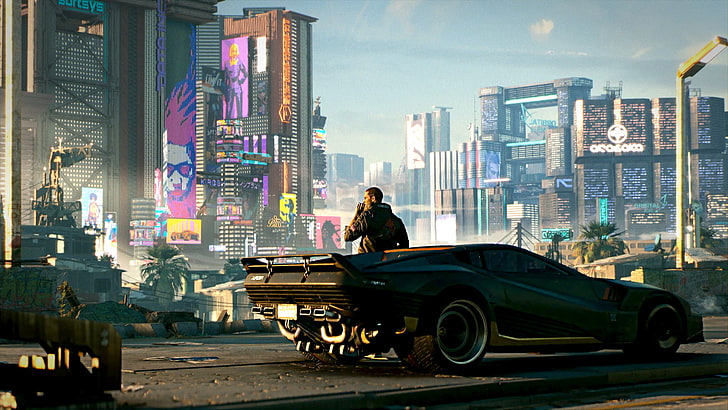 Hombre de pie junto al papel tapiz digital del coche, Cyberpunk 2077, cyberpunk, videojuegos, Fondo de pantalla HD