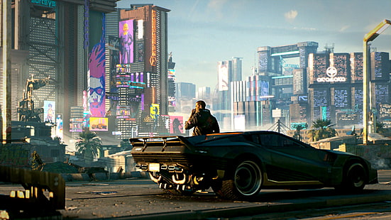 uomo in piedi accanto a carta da parati digitale per auto, Cyberpunk 2077, cyberpunk, videogiochi, Sfondo HD HD wallpaper