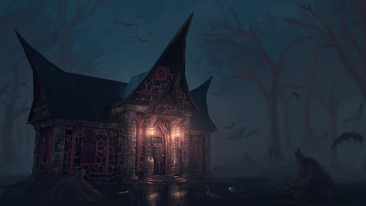 graues konkretes Haus während der Nachtmalerei, Haus, Wald, tote Bäume, Grafik, HD-Hintergrundbild