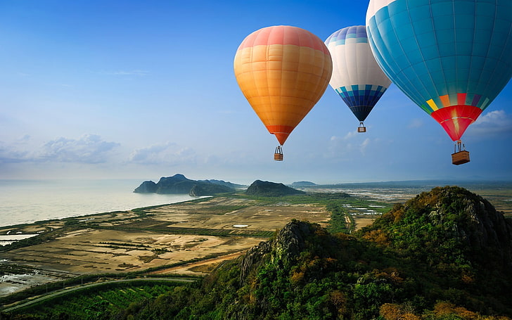 balony na ogrzane powietrze w różnych kolorach, krajobraz, Tapety HD