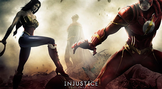 Injustice Gods Among Us - Wonder Woman, ... , โปสเตอร์อยุติธรรม, เกม, เกมอื่น ๆ , ฮีโร่, ซูเปอร์แมน, เกมต่อสู้, 2013, ผู้หญิงที่น่าแปลกใจ, แฟลช, ความอยุติธรรม, สตูดิโอ netherrealm, วอลล์เปเปอร์ HD HD wallpaper