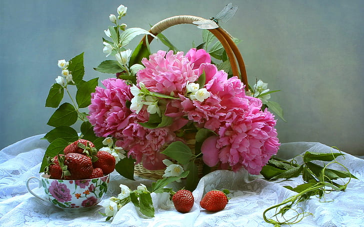 Pink peonies and white jasmine, basket, strawberry, Pink, Peonies, White, Jasmine, Basket, Strawberry, HD wallpaper