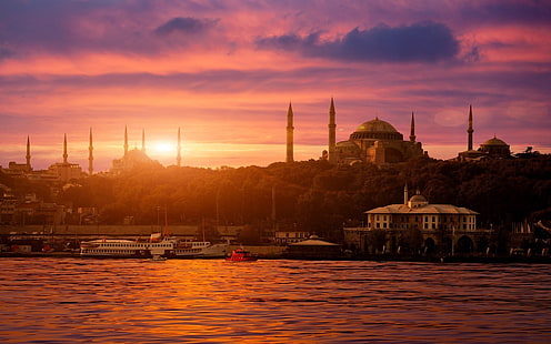 arquitetura, Bósforo, cidade, Paisagem urbana, Hagia Sophia, Arquitetura islâmica, Istambul, mar, navio, Mesquita do Sultão Ahmed, pôr do sol, Turquia, HD papel de parede HD wallpaper