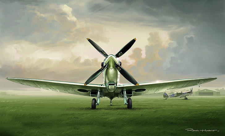 grass, clouds, figure, fighter, the airfield, Spitfire, RAF, Supermarine, Romain Hugault, HD wallpaper