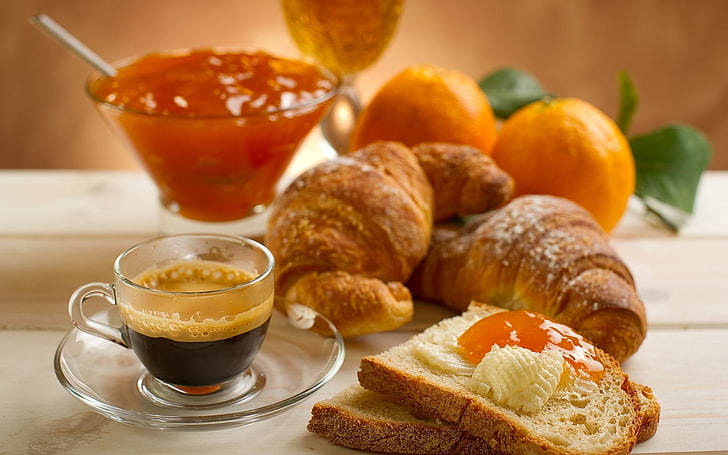 baguette and loaf breads, croissant, breakfast, coffee, cup, jam, peach, HD wallpaper