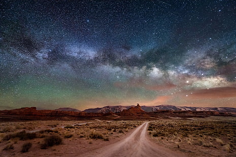 Tierra, Desierto, Camino de tierra, Paisaje, Vía Láctea, Naturaleza, Noche, Cielo, Cielo estrellado, Estrellas, Fondo de pantalla HD HD wallpaper