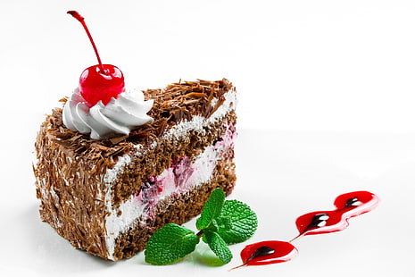 chocolate cake, food, chocolate, cake, cream, dessert, cherry, sweet, mint, cherries, HD wallpaper HD wallpaper