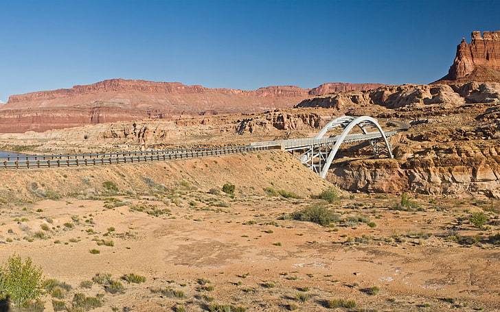puente colgante blanco, desierto, carretera, puente, cañones, Fondo de pantalla HD