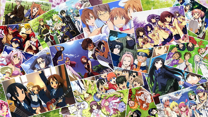 Anime, Crossover, Accel World, Angel Beats!, Anohana, Asuna Yuuki, Bleach, Clannad, Code Geass, Gintama, Gintoki Sakata, Guilty Crown, Homura Akemi, Ichigo Kurosaki, K-ON!, Kagura (Gintama), Kakashi Hatake, Kamina (Tengen Toppa Gurren Lagann), Kanade Tachibana, Kazuto Kirigaya, Kirito (Sword Art Online), Kuroyukihime (Accel World), Leafa (Sword Art Online), Madoka Kaname, Magi: the labyrinth of magic, Mio Akiyama, Naruto, Naruto Uzumaki, No Game No Life, Orihime Inoue, Puella Magi Madoka Magica, Ritsu Tainaka, Rukia Kuchiki, Sakura Haruno, Sakurasou no Pet na Kanojo, Sasuke Uchiha, Spice and Wolf, Tengen Toppa Gurren Lagann, Tsumugi Kotobuki, Uryu Ishida, Yoko Littner, Yui (Angel Beats!), Yui (Sword Art Online), Yui Hirasawa, HD wallpaper