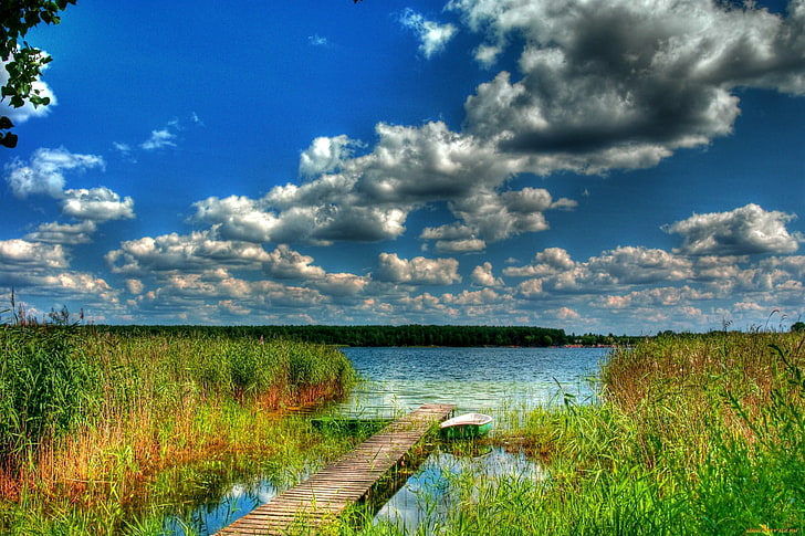brown wooden dock, forest, the sky, clouds, river, boat, the bridge, backwater, HD wallpaper
