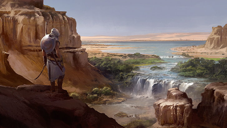 Assassin's Creed Одиссея постер, цифровое искусство, иллюстрации, видеоигры, Assassin's Creed: Происхождение, Assassin's Creed, пейзаж, река, Байек, Египет, водопад, пустыня, воин, HD обои