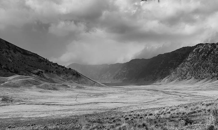 Grayscale photography of snow field, Lost for words, Grayscale, photography, snow field, Asia, Bromo, Indonesia, caldera, java, landscape, nature, technique, travel, vacation, valley, volcano, mountain, black And White, scenics, outdoors, hill, HD wallpaper