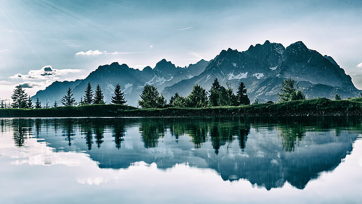 refleksi, alam, langit, air, pohon, gunung, hutan belantara, danau, pegunungan, awan, tenang, siang hari, Wallpaper HD