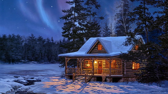 winter, log cabin, house, snowcovered, forest, snow, night, stars, illustration, polar lights, nature, home, sky, hut, cottage, HD wallpaper HD wallpaper