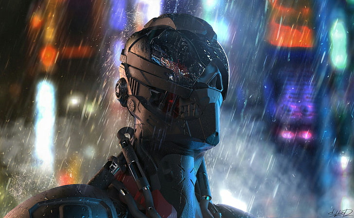 film de robot gris encore \, science-fiction, cyberpunk, cyborg, pluie, Tony Skeor, Fond d'écran HD