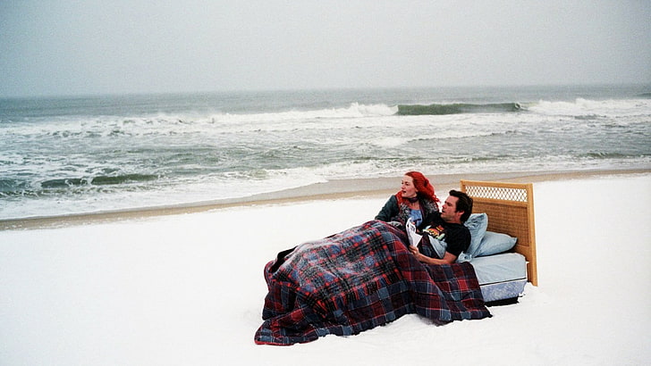 red and blue blanket, eternal sunshine of the spotless mind, sea, sand, beach, jim carrey, kate winslet, HD wallpaper