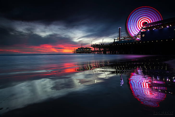 low angle view of carnival at night, memory, Seeker, Santa Monica Pier, low angle, view, carnival, at night, Santa Monica California, Mizzy pacheco, pacheco  California, images, landscape, photographers, State, Beaches, Landscapes, Piers, Amusement Park, Ferris Wheel, night, beach, sea, HD wallpaper