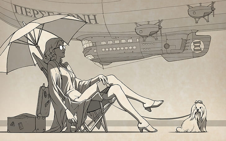 Luftschiff, Kunst, Dieselpunk, Frauen, Futuristisch, Mädchen, Retrofuture, Steampunk, Regenschirm, Fahrzeuge, Frauen, HD-Hintergrundbild