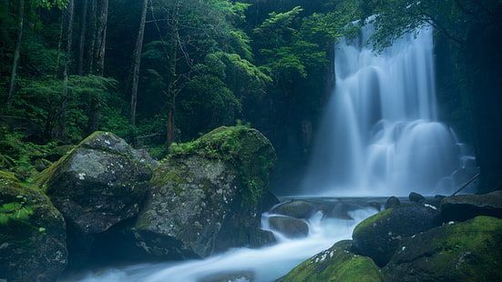 водопад, вода, лес, скалы, природа, длительная выдержка, HD обои HD wallpaper