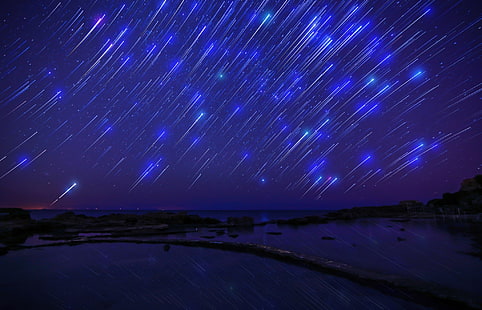 Ilustración gráfica de las estrellas fugaces, mar, el cielo, estrellas, noche, oscuridad, cielo, Starfall, Shooting Stars, Fondo de pantalla HD HD wallpaper