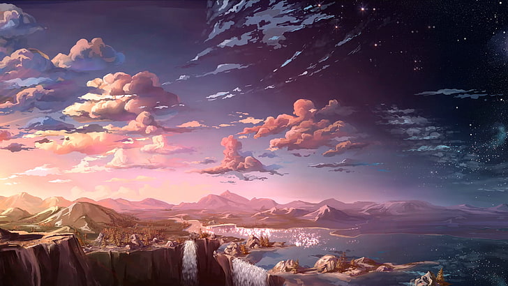водопад и море дигитална живопис, природа на карикатура илюстрация, аниме, пейзаж, водопад, облаци, естествена светлина, HD тапет