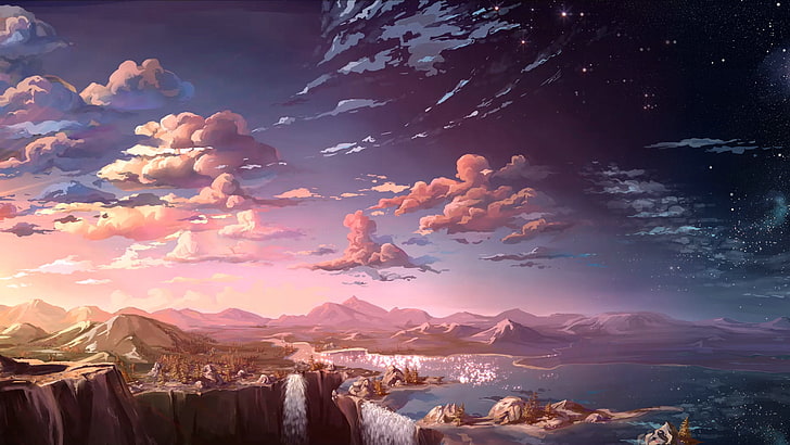 Wasserfall, Tageslicht, Wolken, Landschaft, Anime, HD-Hintergrundbild