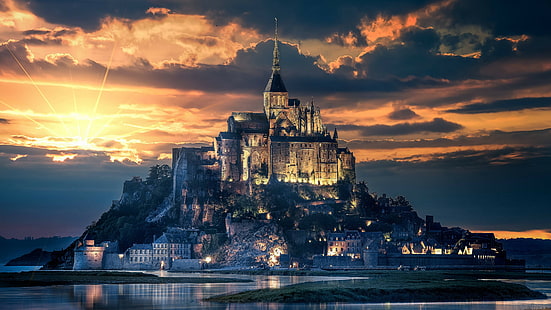 몽생 미셸, 몽생 미셸 수도원, 노르망디, 프랑스, ​​유럽, 수도원, HD 배경 화면 HD wallpaper