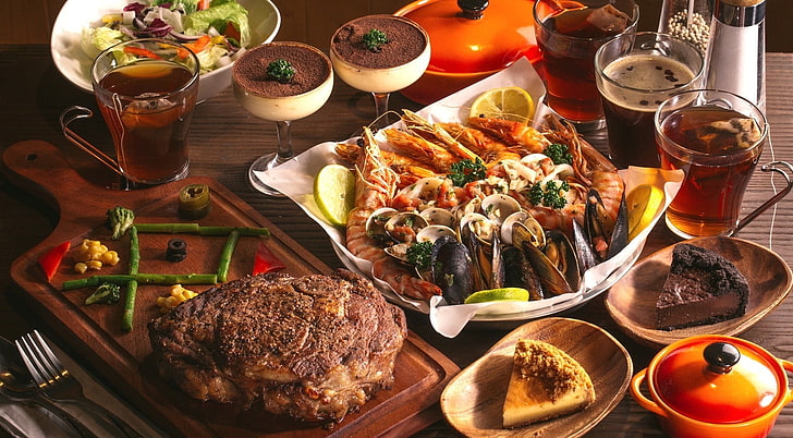 table arrangement, food, steak, wine, dessert, Sea food, HD wallpaper