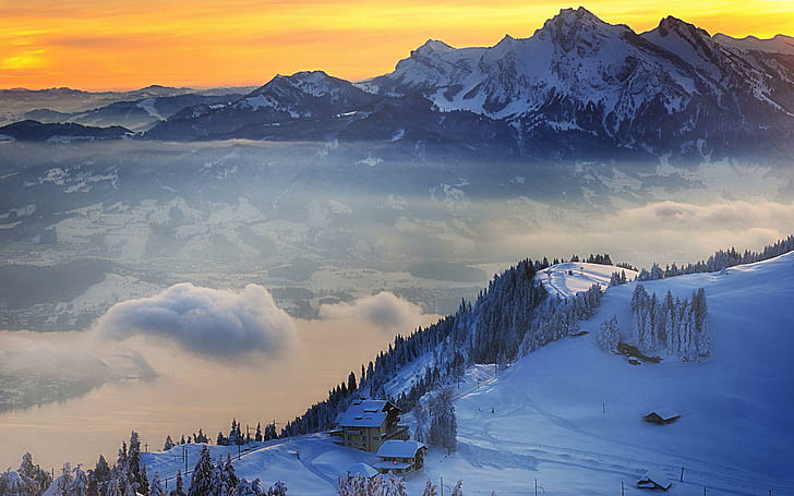 Зимний альпийский пейзаж, аэрофотоснимок снежных гор, природа, 1920x1200, снег, зима, лес, гора, домик, HD обои