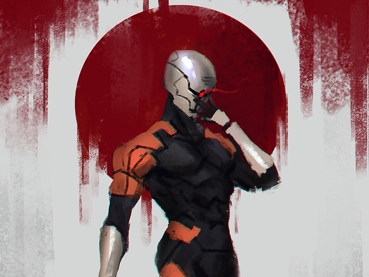 Person trägt schwarzen und orangefarbenen Anzug Anime Charakter digitale Tapete, Kunst, Metal Gear, Metal Gear Solid, Cyborg, Cyborg Ninja, Frank Jaeger, Null, Gray Fox, HD-Hintergrundbild