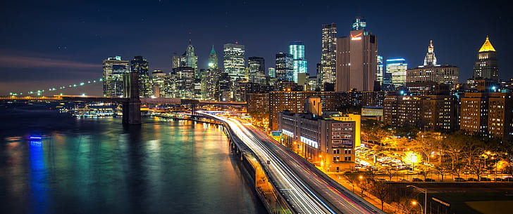 جسر بروكلين ، مدينة نيويورك ، مانهاتن ، ليلاً، خلفية HD