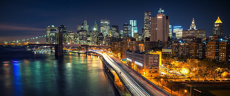 جسر بروكلين ، مدينة نيويورك ، مانهاتن ، ليلاً، خلفية HD HD wallpaper