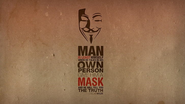 Guy Fawkes Mask illustration, citat, Anonym, mask, Guy Fawkes, Guy Fawkes mask, typografi, minimalism, digital konst, visdom, brun, HD tapet