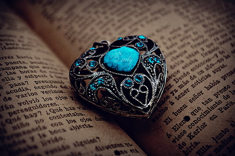 teal gemstone embellished silver-colored pendant, Heart Stone, Love Heart, Blue, Book, HD, HD wallpaper HD wallpaper