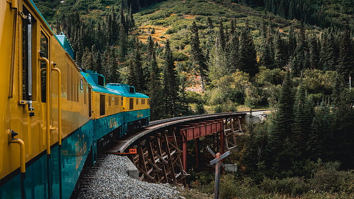 Alaska, forest, trees, nature, yellow, bridge, blue, mountains, landscapes, train, rails, tracks, train tracks, 4k uhd background, HD wallpaper