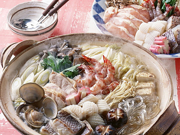 seafood soup bowl, japanese cuisine, seafood, hot, soup, shrimps, mussels, mushrooms, HD wallpaper