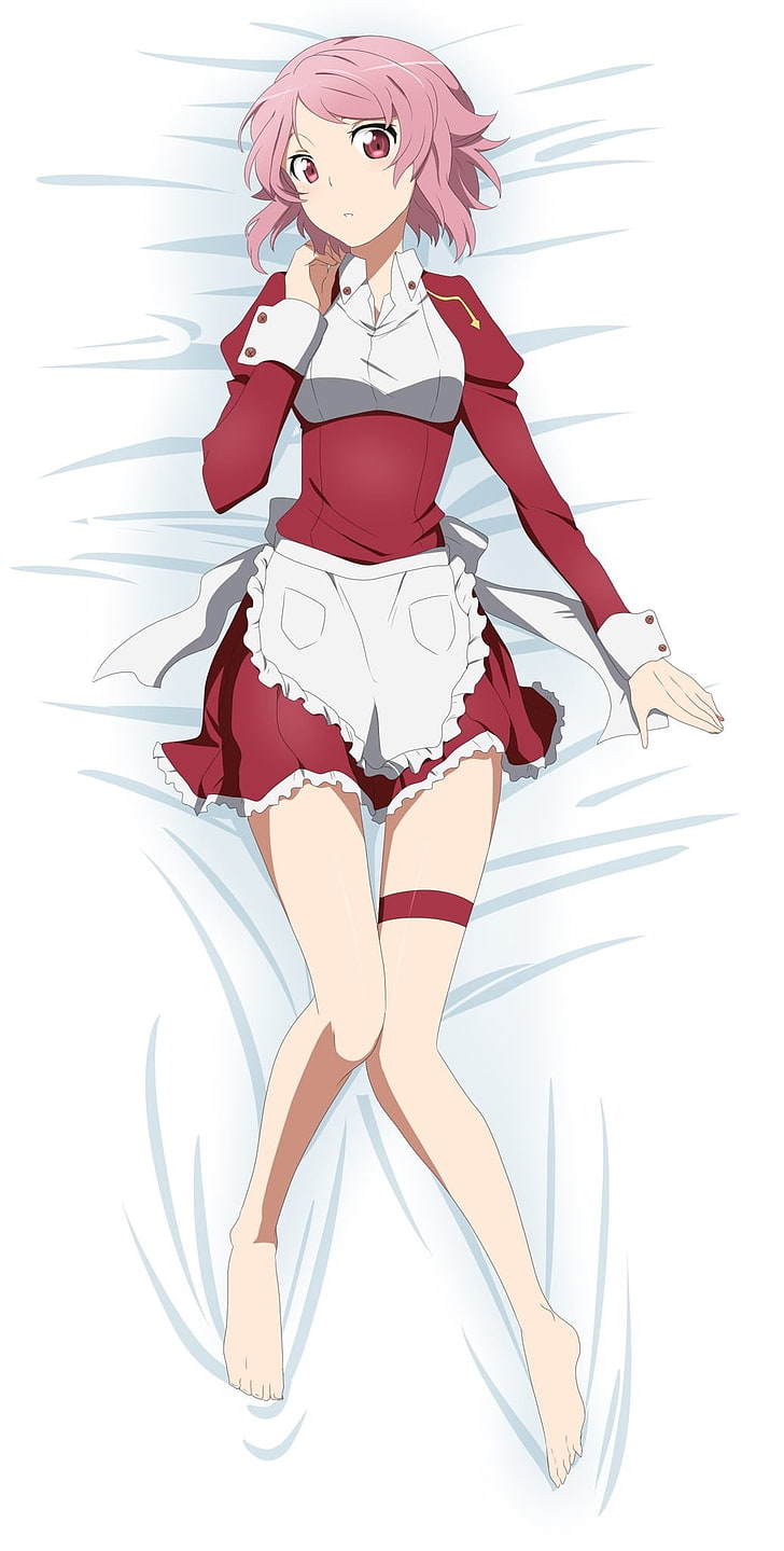 ilustracja kobiecego anime leżącego na łóżku, Sword Art Online, Shinozaki Rika, kobiety, anime dziewczyny, dakimakura, stopy, boso, różowe włosy, anime, gry wideo, Tapety HD, tapety na telefon