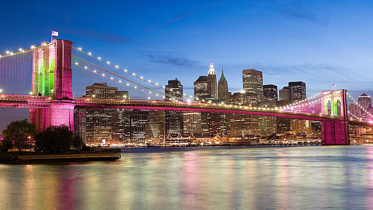 brun och vit betongbyggnad, USA, New York City, bro, Brooklyn Bridge, hav, arkitektur, rosa, stad, stadsbild, HD tapet