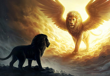 obra de arte, arte de fantasía, león, animales, grandes felinos, alas, Fondo de pantalla HD HD wallpaper