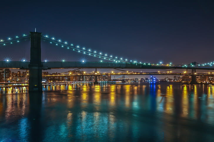 Brooklyn, Manhattan, Manhattan, luzes, cidade, Nova York, Brooklyn, noite, pontes, Pontes de Williamsburg, HD papel de parede