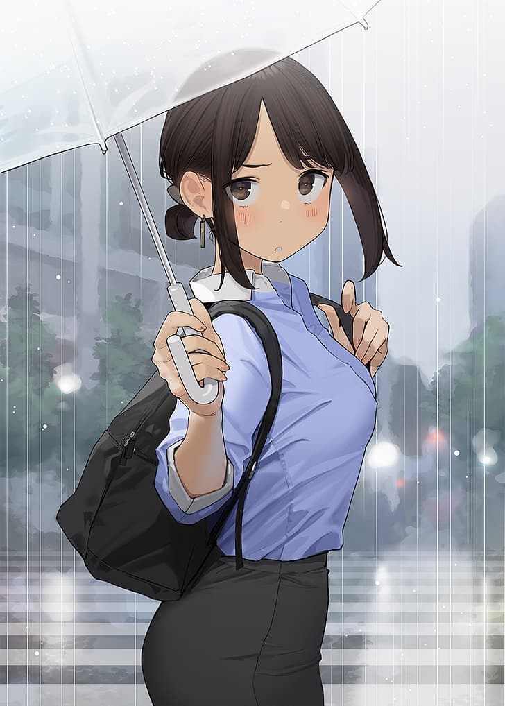 anime, anime girls, original characters, Ganbare, Douki-chan, umbrella, rain, yomu, vertical, HD wallpaper