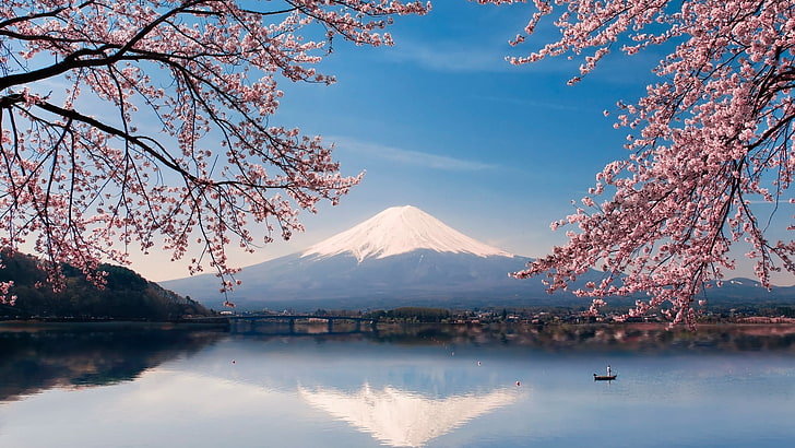 природа, небо, отражение, вишня в цвету, озеро, дерево, гора пейзаж, дневное время, цветение, гора Фудзи, весна, гора, хонсю, япония, азия, HD обои