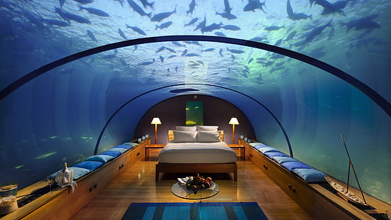 sypialnia do akwarium, Conrad Maldives Rangali Island Hotel, Najlepsze hotele 2015, turystyka, podróże, kurort, wakacje, podwodny pokój hotelowy, akwarium, łóżko, ryby, rezerwacja, Tapety HD HD wallpaper