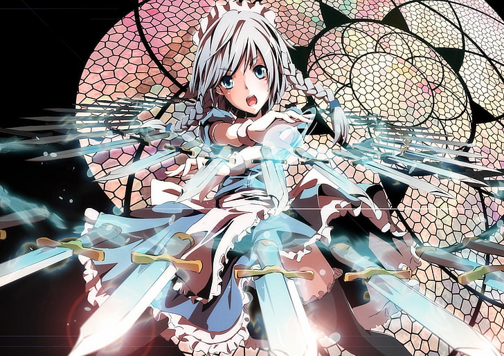 white-haired female anime character illustration, girl, weapons, art, knives, touhou, izayoi sakuya, throw, merontomari, HD wallpaper
