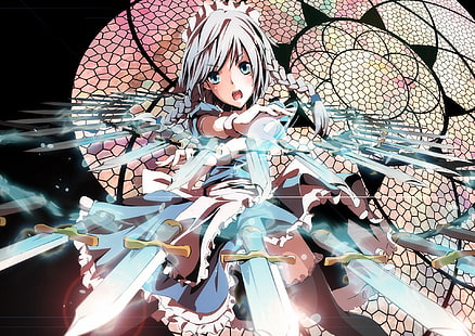 Ilustración de personaje de anime femenino de pelo blanco, niña, armas, arte, cuchillos, touhou, izayoi sakuya, tiro, merontomari, Fondo de pantalla HD HD wallpaper