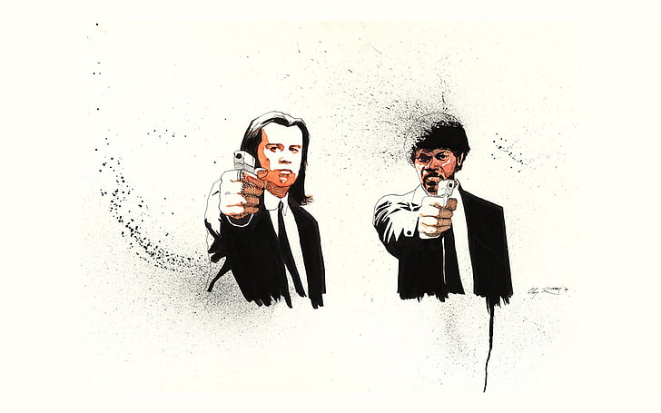 dwaj mężczyźni trzymający pistolety clip art, Pulp Fiction, fan art, Quentin Tarantino, filmy, Samuel L. Jackson, John Travolta, Jules Winnfield, Vincent Vega, Tapety HD