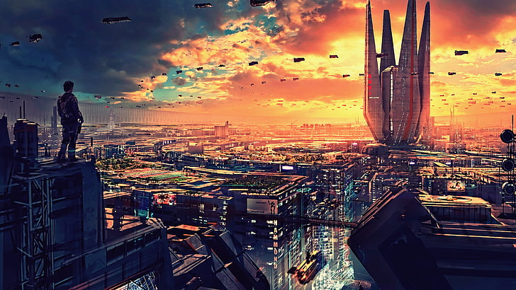 Person, die auf Gebäudetapete, Grafik, futuristische Stadt, Science Fiction, digitale Kunst, Konzeptkunst, Stadtbild, futuristisch, Sonnenuntergang, CGI steht, HD-Hintergrundbild