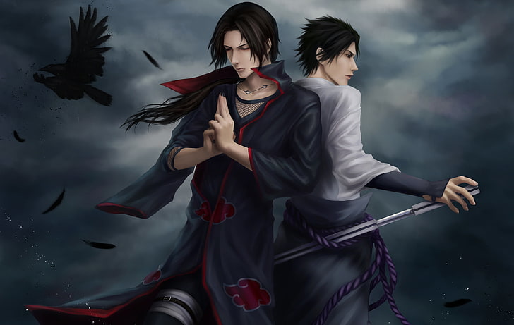 Ilustração de Uchiha Itachi e Sasuke, anime, rapazes, meditação, corvos, escuridão, HD papel de parede