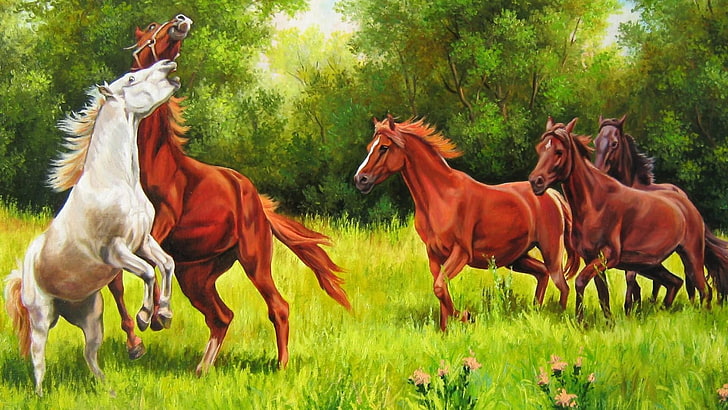 cavallo, pittura, pittura a olio, arte, cavalla, cavalli, cavallo mustang, prateria, criniera, erba, mandria, prato, fauna selvatica, albero, Sfondo HD